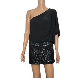 Eliza J New York Missy Mini Dress Size 6 Black Sequin Draped‎ One Shoulder